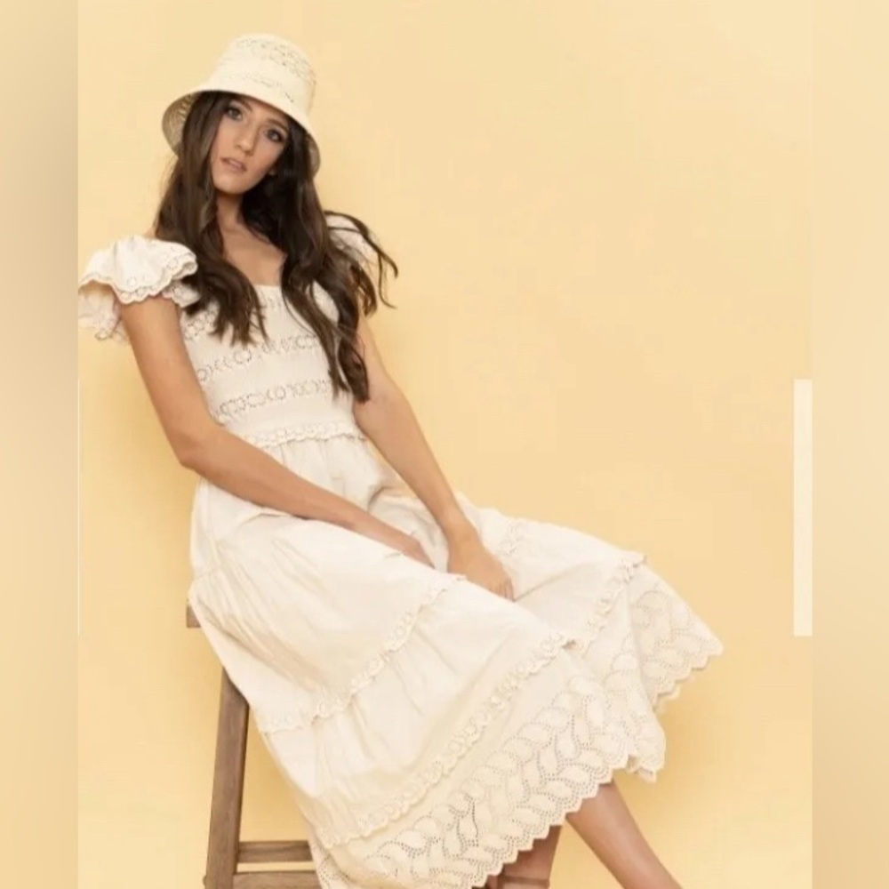 Sea NY Cream Everleigh Smocked Eyelet Midi Dress Puff Ruffled Sleeve prairie